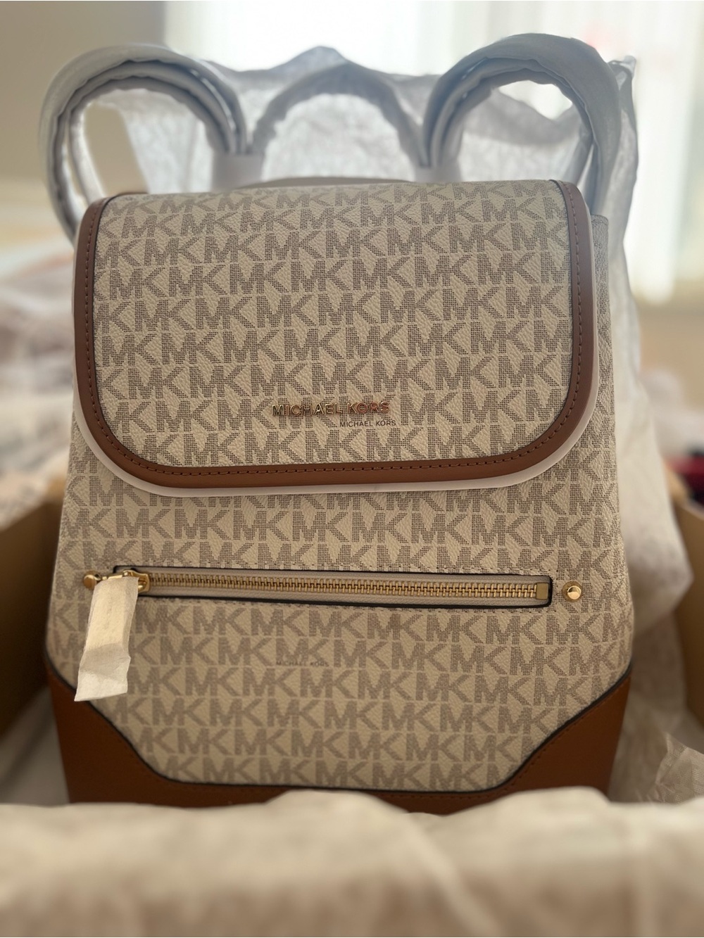 Michael Kors Women’s MK Monogram Backpack in Beige and Brown